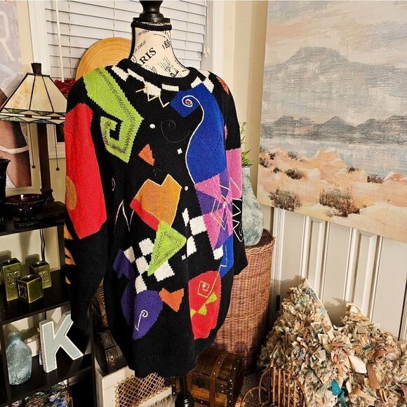 Vtg I.B Diffusion Sweater 90's Bold Retro Geometric Print Embellished Rhinestone - Picture 13 of 15